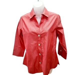 Women's Red Non Iron Button Front Shirt Size 6 3/4 Sleeve Classic Fit Top